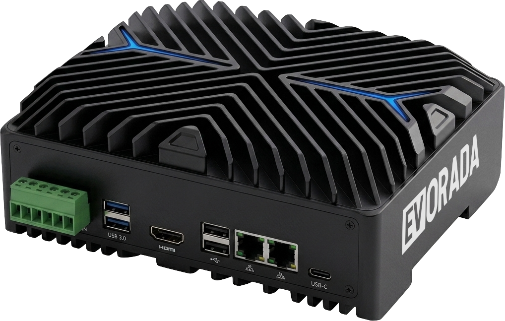 EVorada Sancho prototype device with two Ethernet ports, USB, HDMI, and a GPIO terminal block